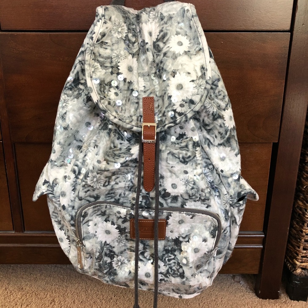 PINK VS Gray Flower Sequin Backpack